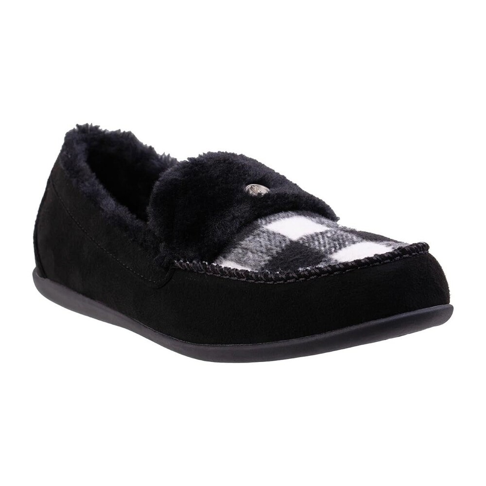 REVITALIGN Women's Birch Buffalo Check Slippers Black White Faux Fur Moccasin